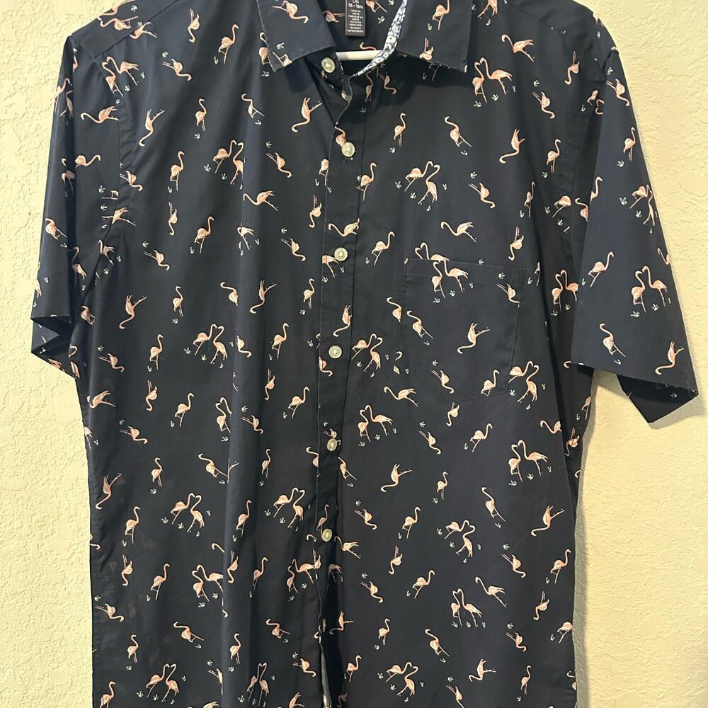 Van Heusen Flamingo Print Short Sleeve Button Down Shirt - L 16-16 1/2